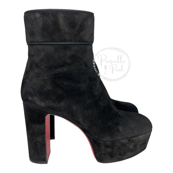 Christian Louboutin black suede platform ankle boot block heel square toe retro - Picture 10 of 16